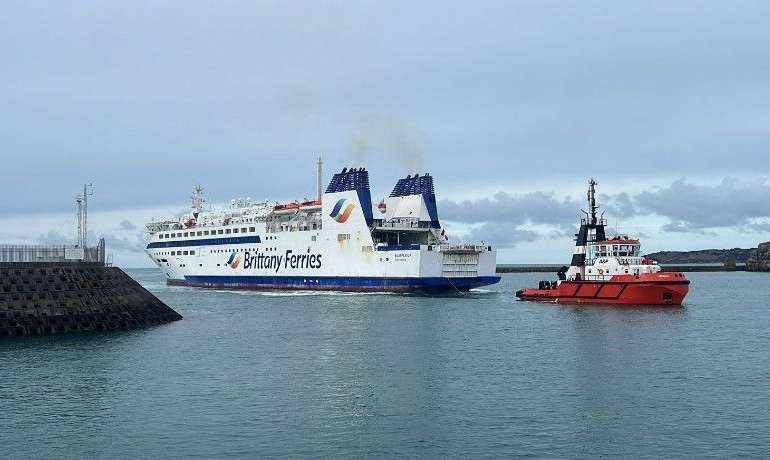 Brittany Ferries during berthing trials on 24 April 2024 with their 158-metre BARFLEUR at the St. Peter Port in Guernsey