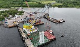 Newly refurbished linkspan deck being lifted in place at Kennacraig