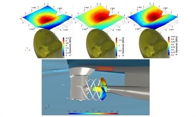 Simulated pressure pattern on the hull above the propeller providing a direct link to the vibration pattern and the URN emissions.