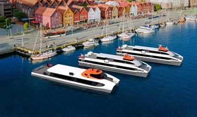 Illustration of Fjord1’s new high speed passenger catamarans. The closest vessel will be a newbuild with low-emission propulsion system, and the two others (BARONEN and BARONESSEN) will be retrofitted from hybrid to fully electric © Brødrene Aa