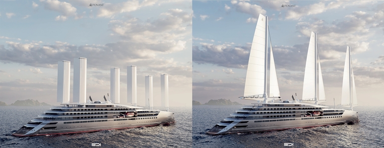 Ponant Swap2Zero project. Ayro Oceanwings to the left, Solid Sail to the right © Stirling Design International