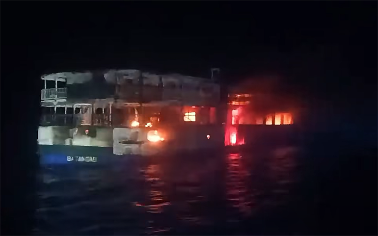 JUNE ASTER on fire last night © Coast Guard District Palawan (CGDPAL) JUNE ASTER on fire last night © Coast Guard District Palawan (CGDPAL)