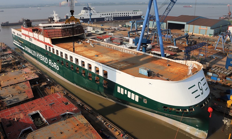 Grimaldi Lines' fourth GG5G mega ro-ro was floated out on 17 August. © Jinling Shipyard